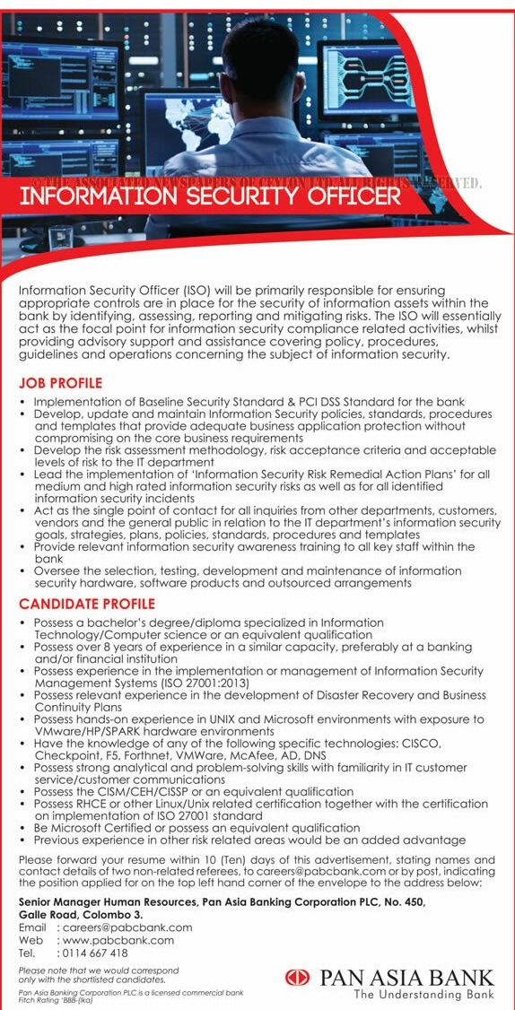 Information Security Officer Pan Asia Bank Job Vacancies