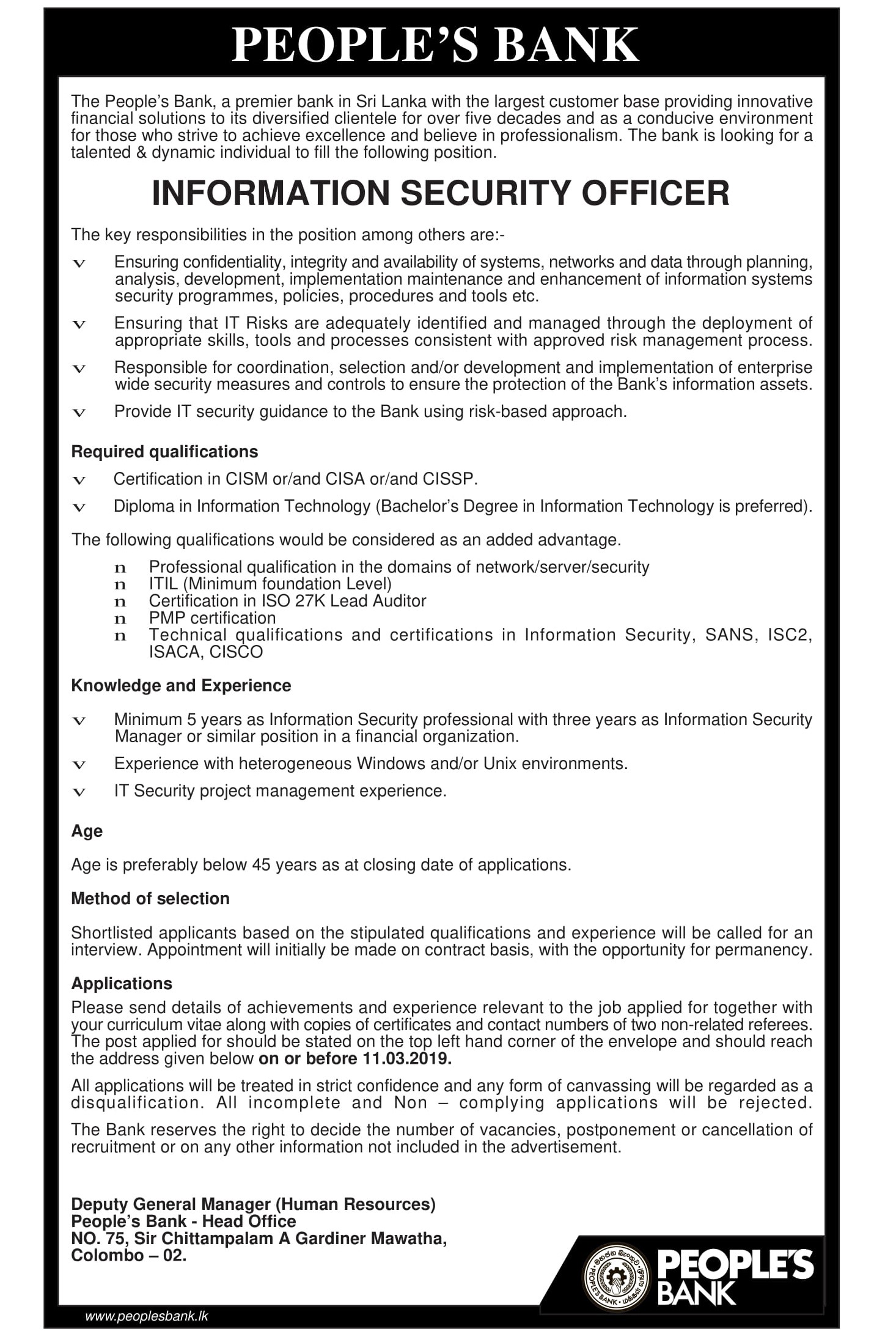 Information Security Officer Vacancy At Peoples Bank