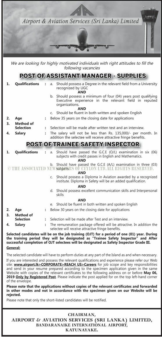 Assistant Manager, Trainee Safety Inspector Airport & Aviation Services Ltd