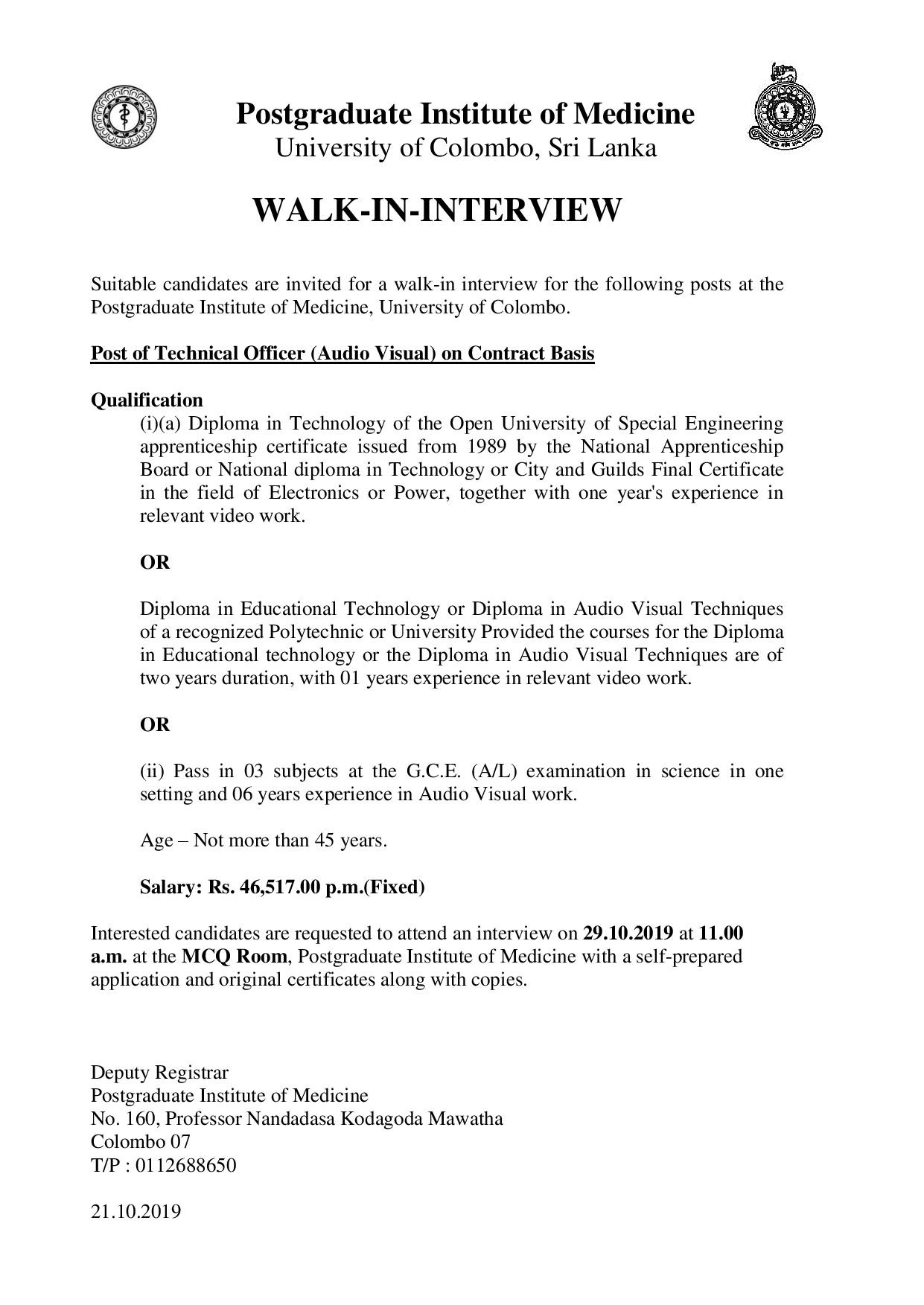 Technical Officer (Audio Visual) University of Colombo