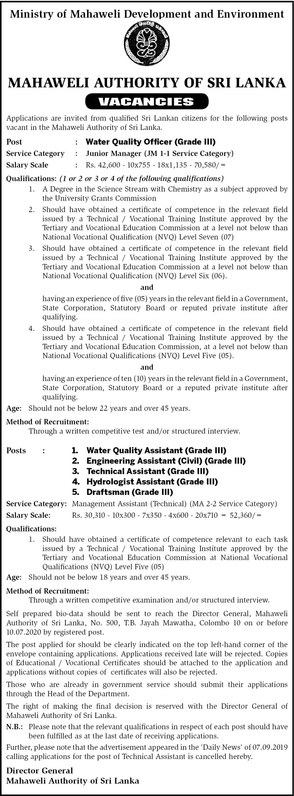 Water Quality Officer, Engineering Assistant, Technical Assistant