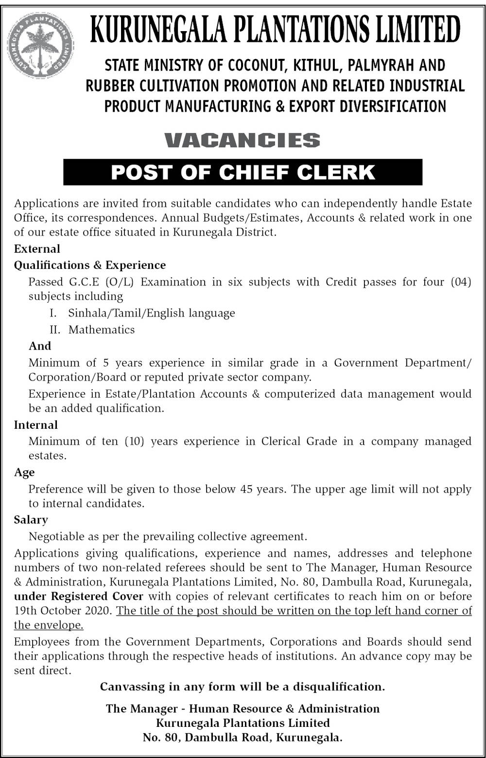 Chief Clerk Kurunegala Plantation Limited
