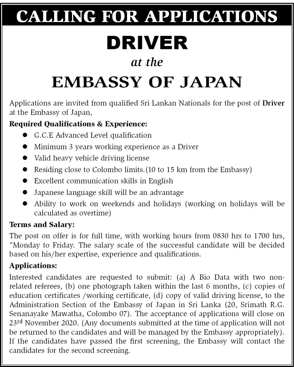 Driver Job Vacancy at Embassy of Japan