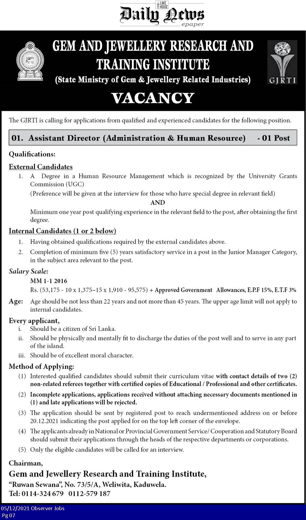 Assistant Director Gem and Jewellery Research and Training Institute