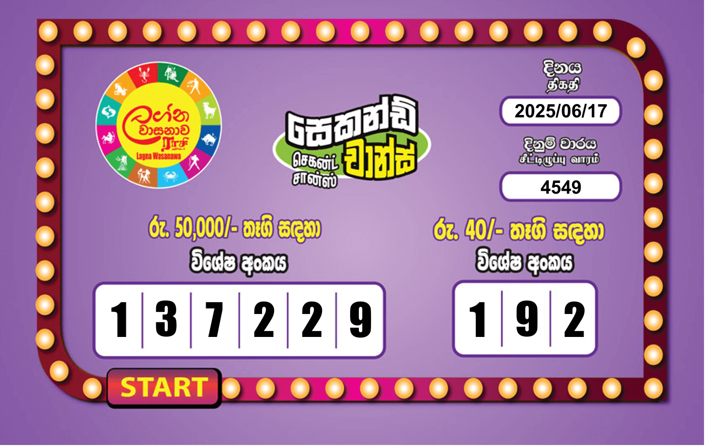 Lagna Wasana 4549 Special
                        Draw Numbers